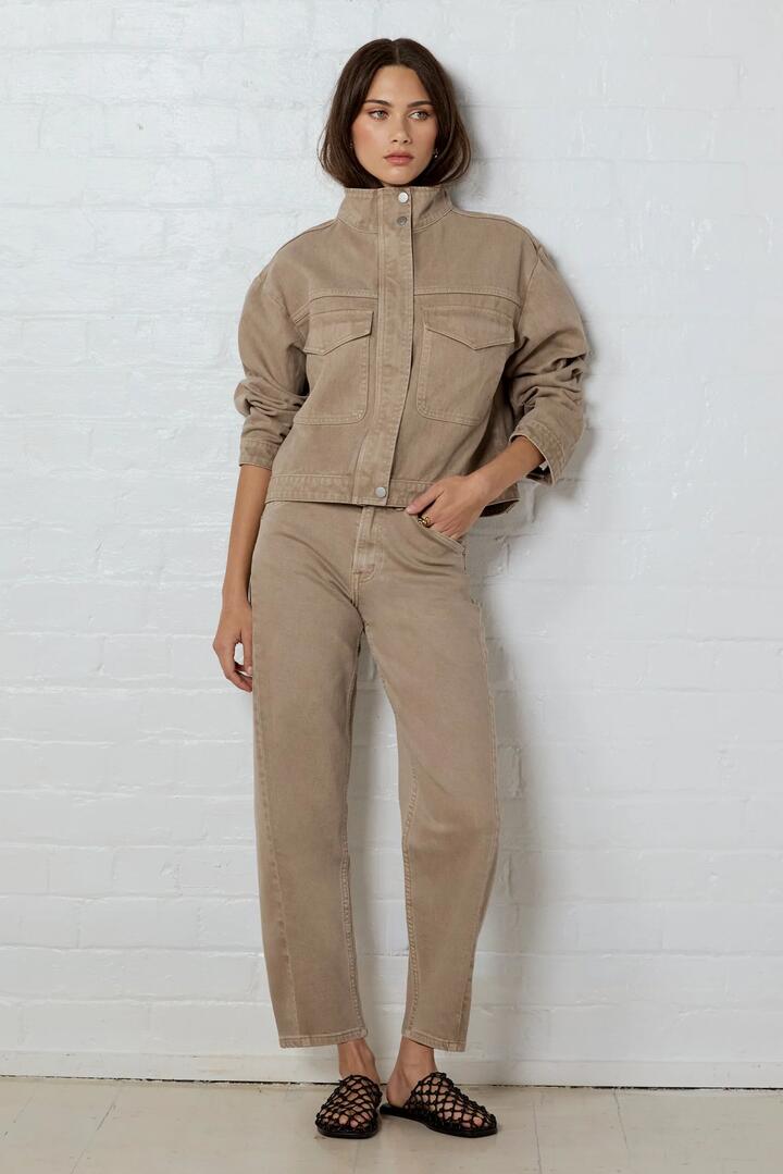 Image of Jeans. Product name - Idolise Taupe Stretch Soft Barrel Jeans in Taupe colour by brand - Stories be Told