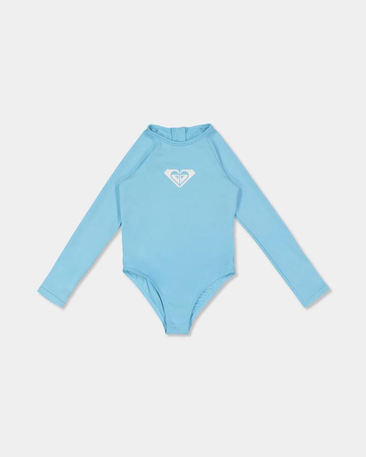 Image of a model wearing Tops. Product name - Roxy Girls 2-7 Tiny Tides Long Sleeve One Piece Swimsuit Splish Splash in Splish Splash colour by brand - Roxy