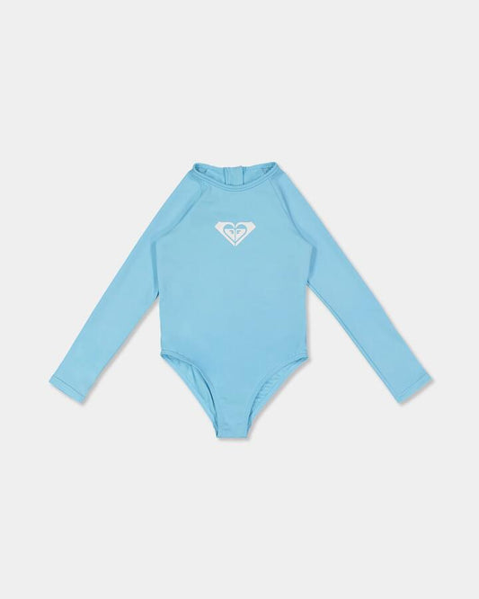 Image of a model wearing Tops. Product name - Roxy Girls 2-7 Tiny Tides Long Sleeve One Piece Swimsuit Splish Splash in Splish Splash colour by brand - Roxy