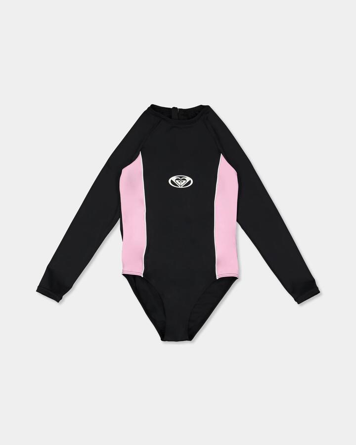 Image of a model wearing Tops. Product name - Roxy Girls 8-16 Swell Time Long Sleeve One Piece Swimsuit Black in Black colour by brand - Roxy