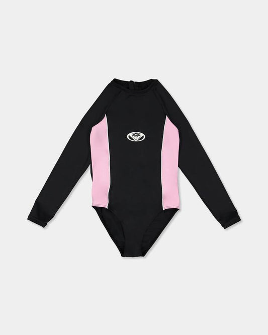 Image of a model wearing Tops. Product name - Roxy Girls 8-16 Swell Time Long Sleeve One Piece Swimsuit Black in Black colour by brand - Roxy
