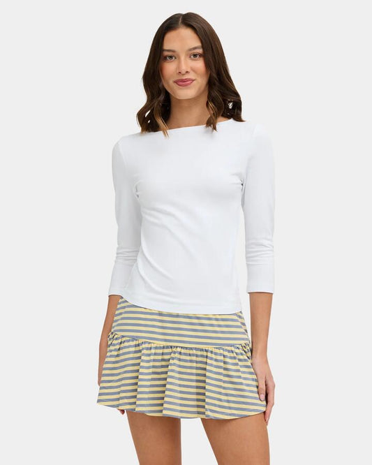 Image of a model wearing Tops. Product name - Nunui Womens Sabrina 3/4 Long Sleeve T-Shirt White in White colour by brand - Nunui