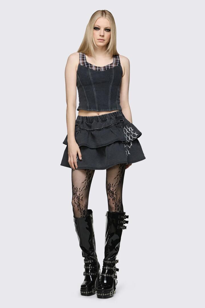 Image of Jeans. Product name - Archangel Denim Chain Mini Skort in Grey colour by brand - Dangerfield