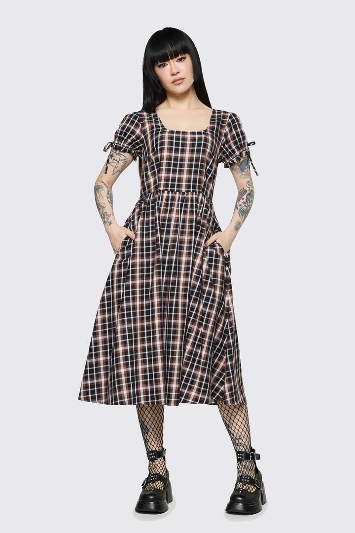 Image of Dresses. Product name - Archangel Tartan Midi Dress in Brown colour by brand - Dangerfield