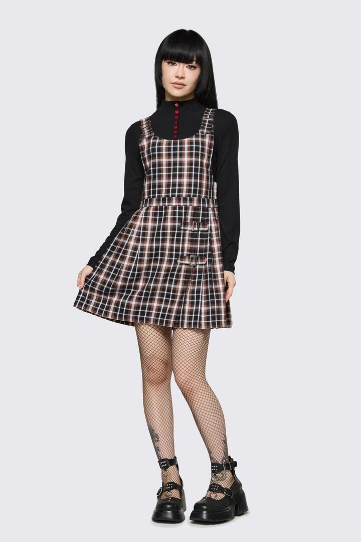 Image of Dresses. Product name - Archangel Tartan Pleat Pinafore in Brown colour by brand - Dangerfield
