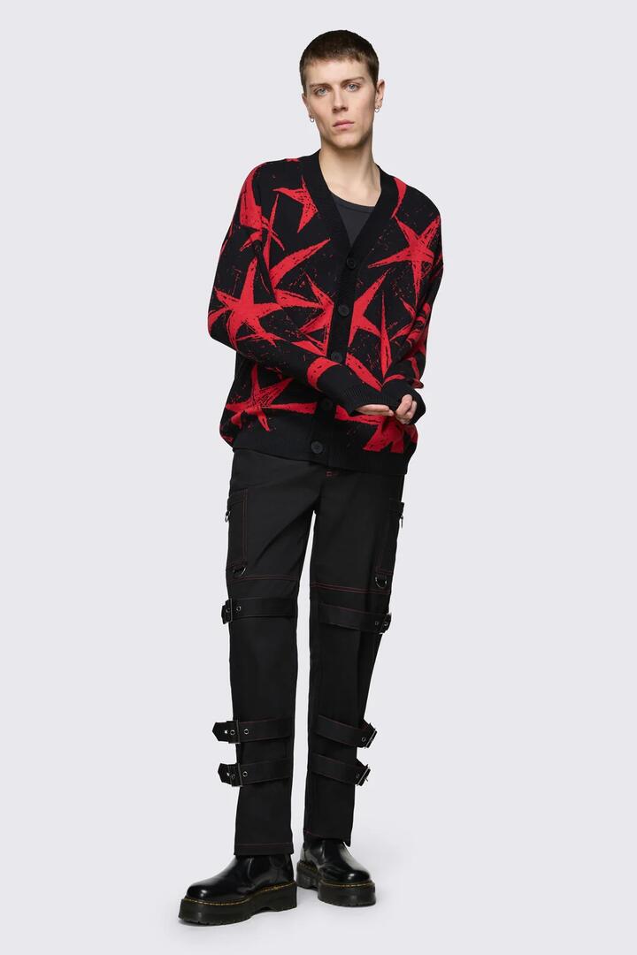Image of Cardigans. Product name - Trad Emo Star Cardigan in Black Red colour by brand - Black Friday