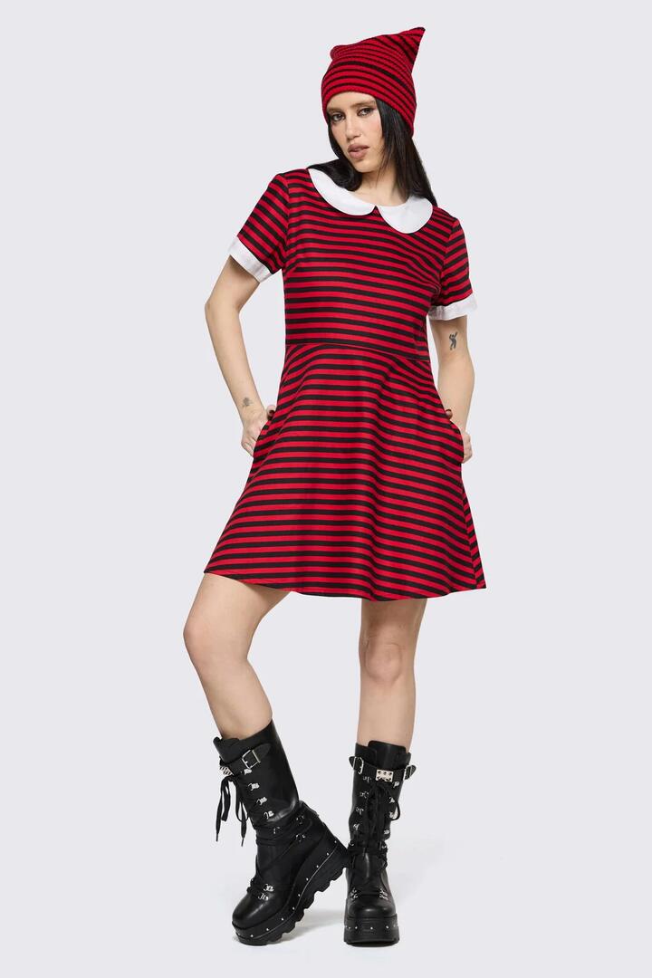 Image of Dresses. Product name - Trad Emo Stripe Skater Dress in Black Red colour by brand - Black Friday