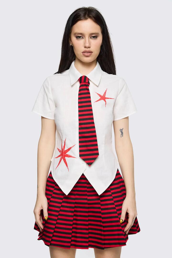Image of Blouses. Product name - Trad Emo Tie Fitted Blouse in Off White colour by brand - Black Friday