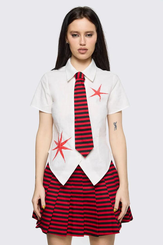 Image of Blouses. Product name - Trad Emo Tie Fitted Blouse in Off White colour by brand - Black Friday