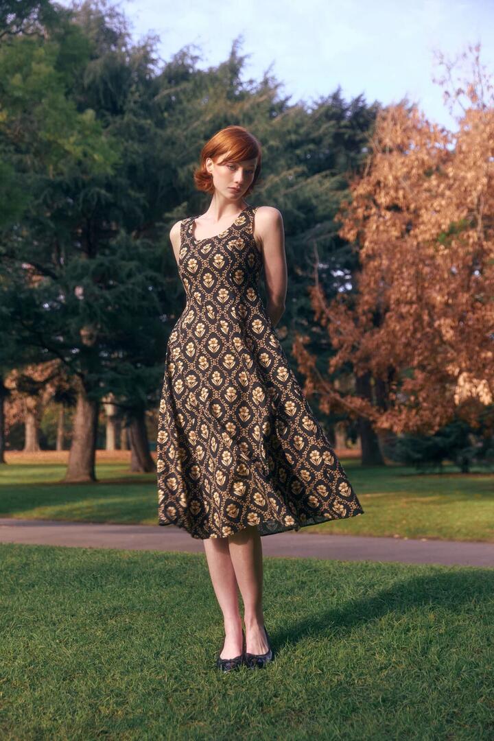 Image of Dresses. Product name - Luxe Fleur Geo Midi Dress in Black/Cream colour by brand - Princess Highway