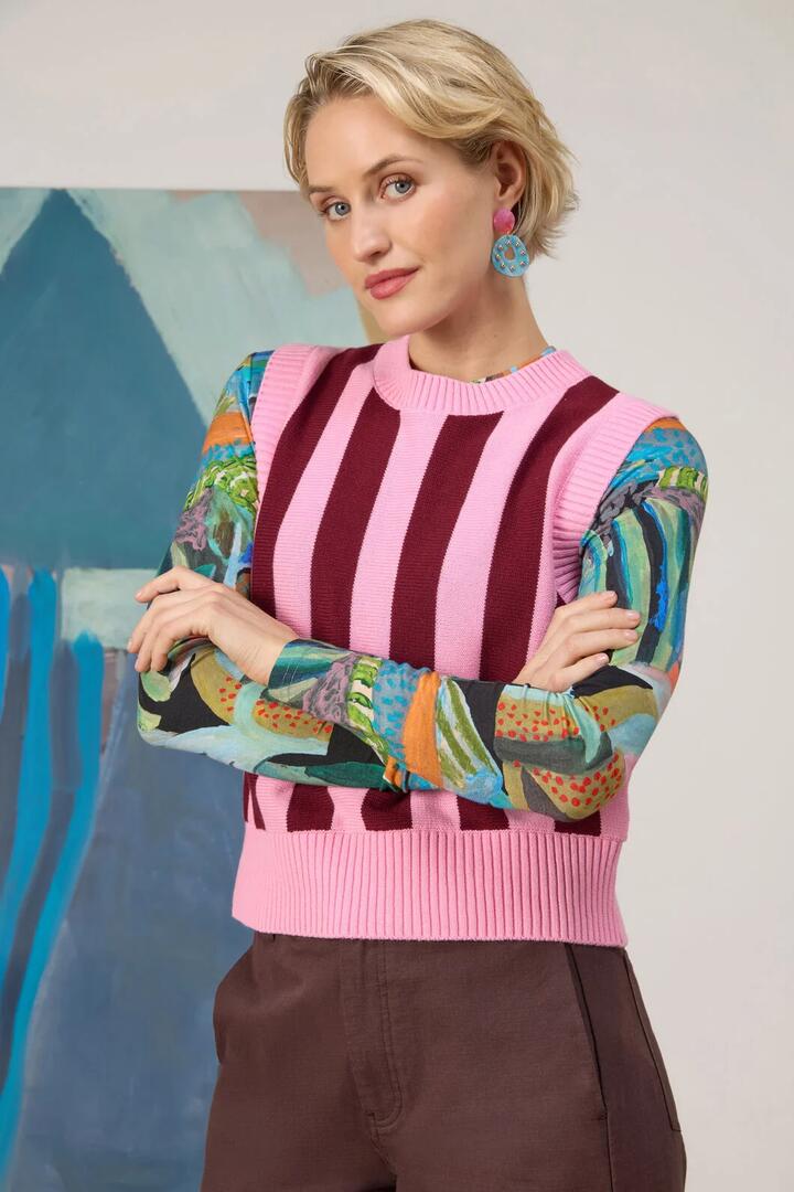 Image of Coats & Jackets. Product name - Willa Stripe Knit Vest in Pink colour by brand - Gorman