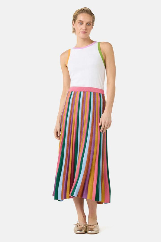 Image of a model wearing Skirts. Product name - Racing Stripe Knit Skirt in Multi colour by brand - Gorman