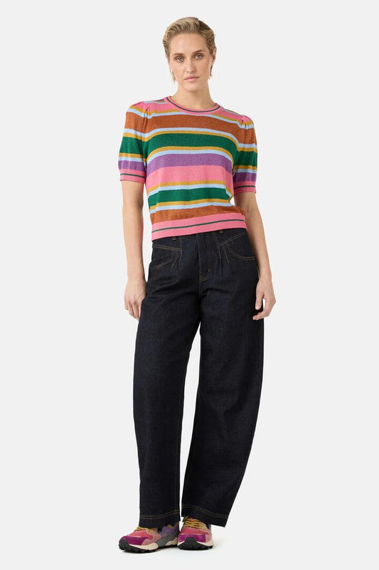 Image of a model wearing Tops. Product name - Racing Stripe Knit Top in Multi colour by brand - Gorman