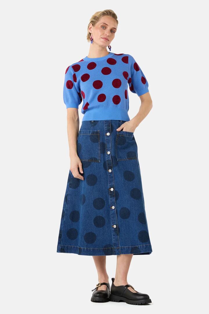 Image of a model wearing Tops. Product name - On The Dot Knit Top in Blue colour by brand - Gorman