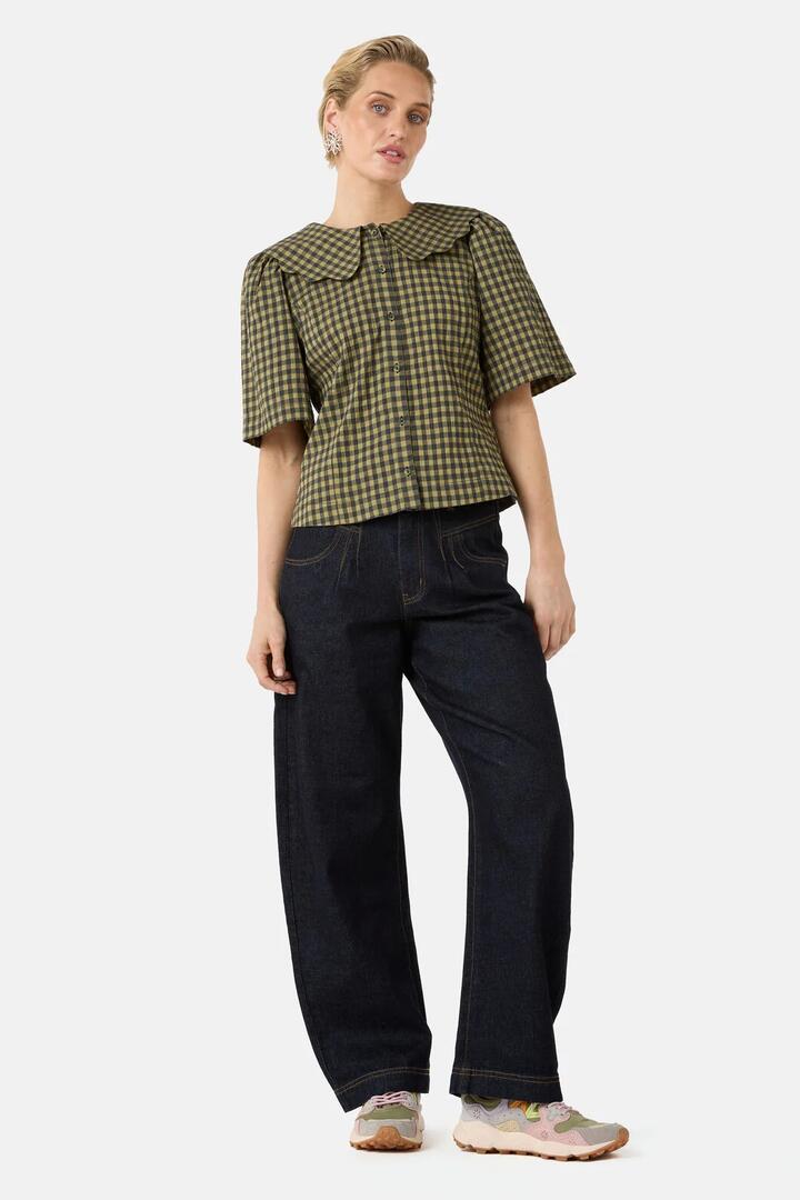 Image of a model wearing Tops. Product name - Rachele Check Seersucker Top in Check colour by brand - Gorman