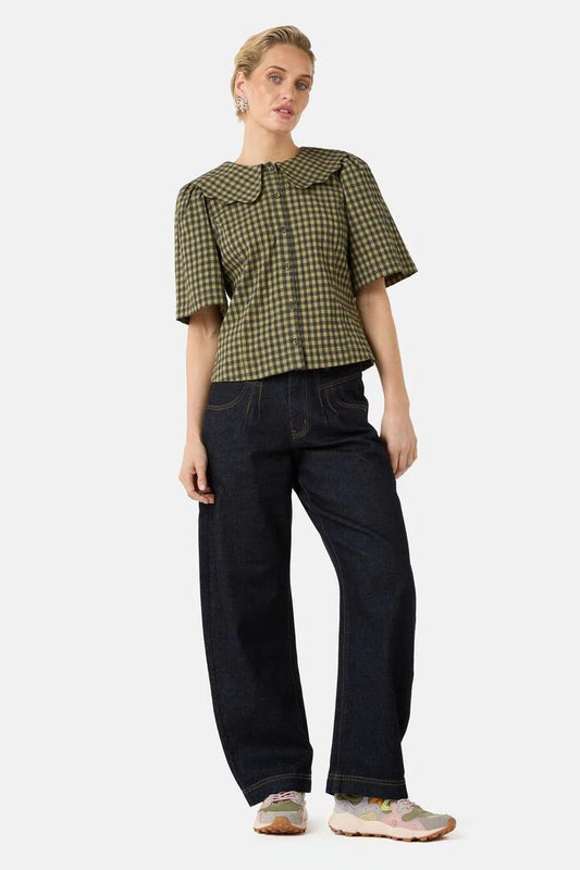 Image of a model wearing Tops. Product name - Rachele Check Seersucker Top in Check colour by brand - Gorman