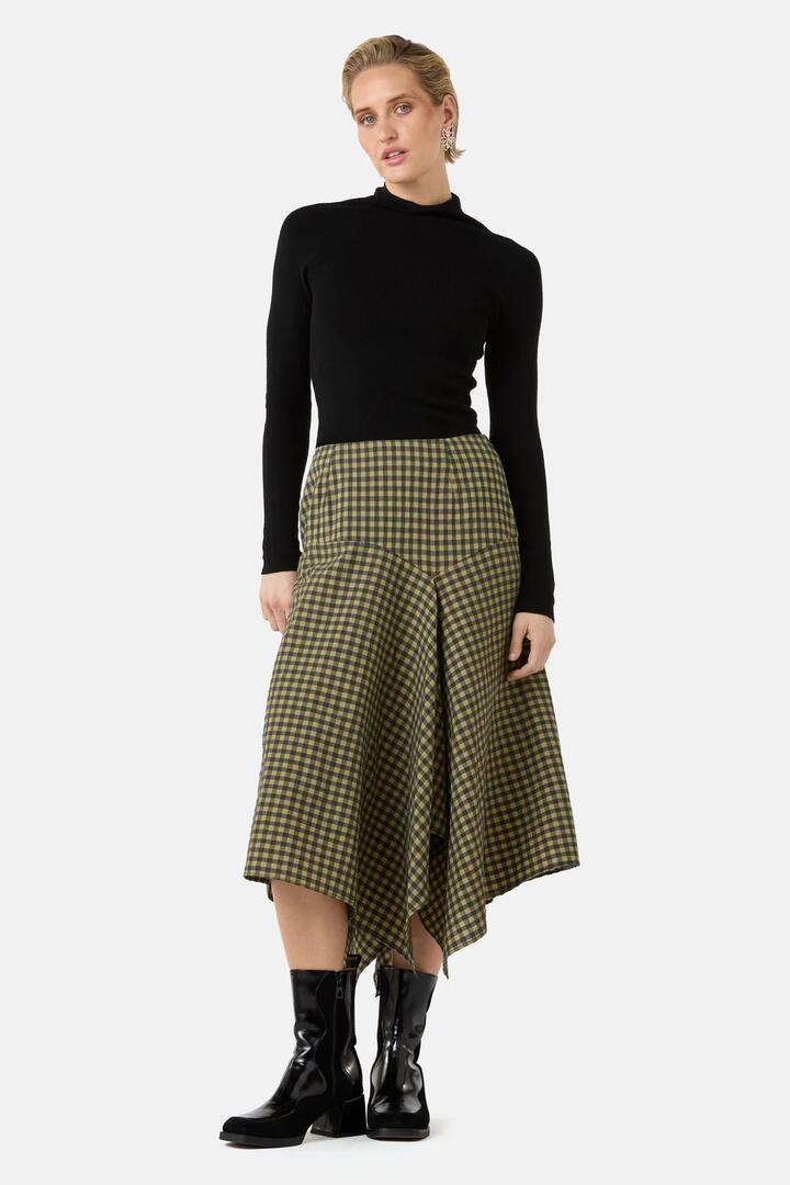 Image of a model wearing Skirts. Product name - Rachele Check Seersucker Skirt in Check colour by brand - Gorman
