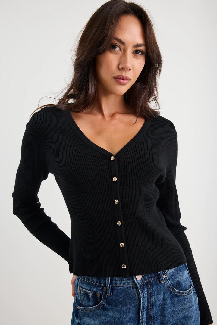 Image of a model wearing Outerwear. Product name - Originality Black V Neck Rib Knit Cardigan in Black colour by brand - Stories be Told