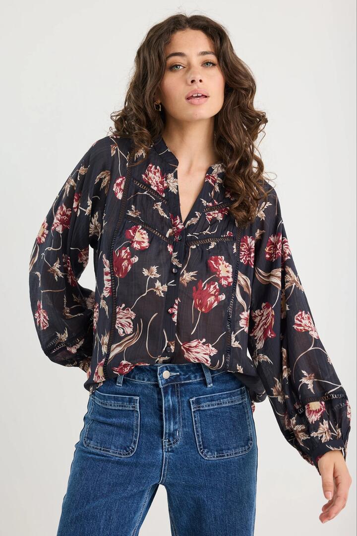 Image of Shirts. Product name - Instrumental Black Wildflowers Lace Insert Pintuck Long Sleeve Shirt in Black Wildflowers colour by brand - Ivy + Jack