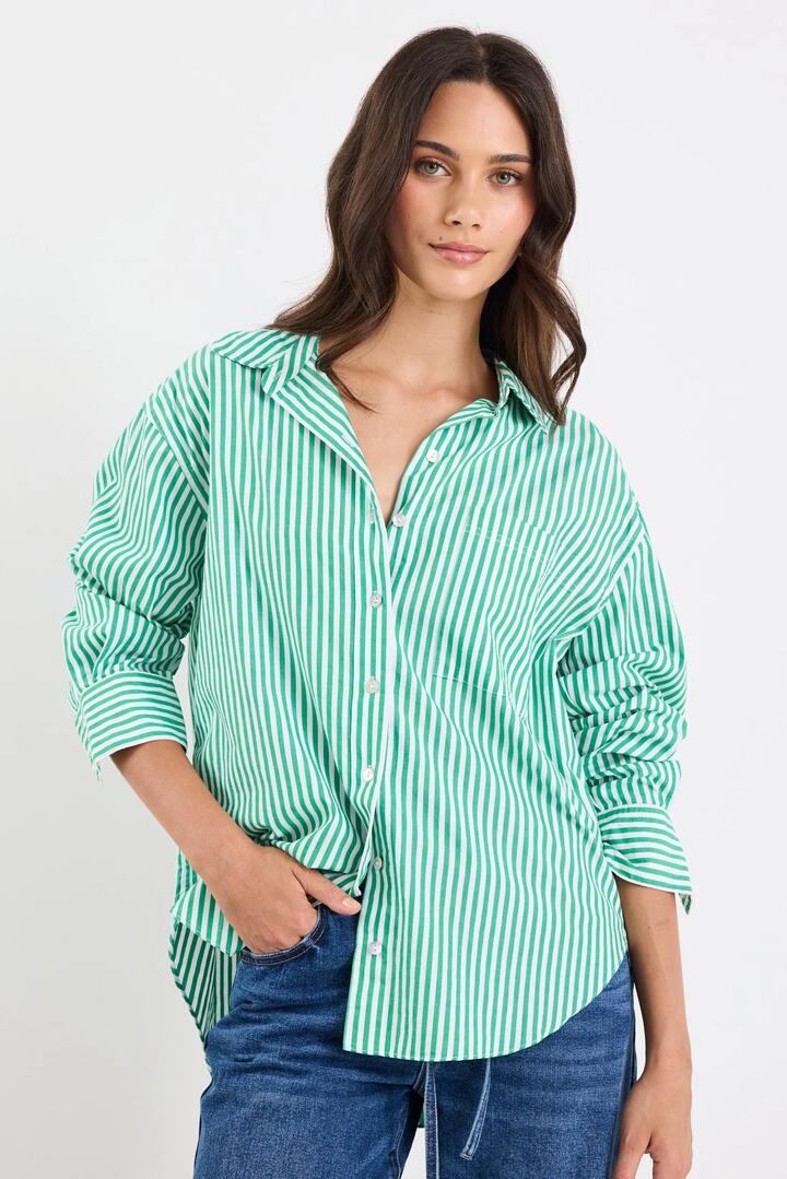 Image of Shirts. Product name - You Got This Green Stripe Poplin Oversized Shirt in Green Stripe colour by brand - Stories be Told