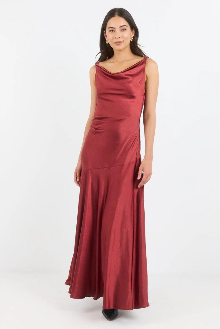 Image of Dresses. Product name - Bountiful Red Paprika Satin Tie Back Bias Slip Maxi Dress in Red Paprika Satin colour by brand - Georgia Zoe
