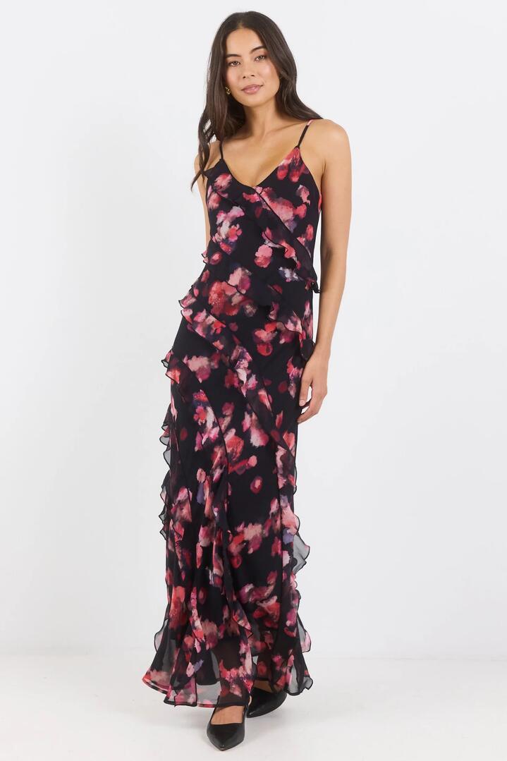 Image of Dresses. Product name - Galore Black Pink Abstract Print Bias Ruffle Slip Maxi Dress in Black Pink Abstract Print colour by brand - Georgia Zoe