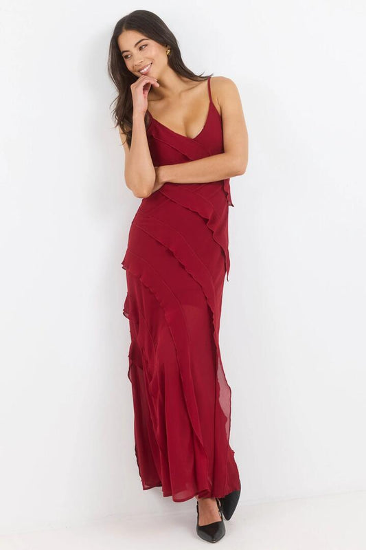 Image of Dresses. Product name - Galore Dark Red Georgette Bias Ruffle Slip Maxi Dress in Dark Red colour by brand - Georgia Zoe