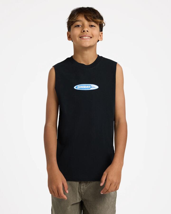 Image of a model wearing Tops. Product name - Quiksilver Boys 8-16 Disc Muscle Top Black in Black colour by brand - Quiksilver