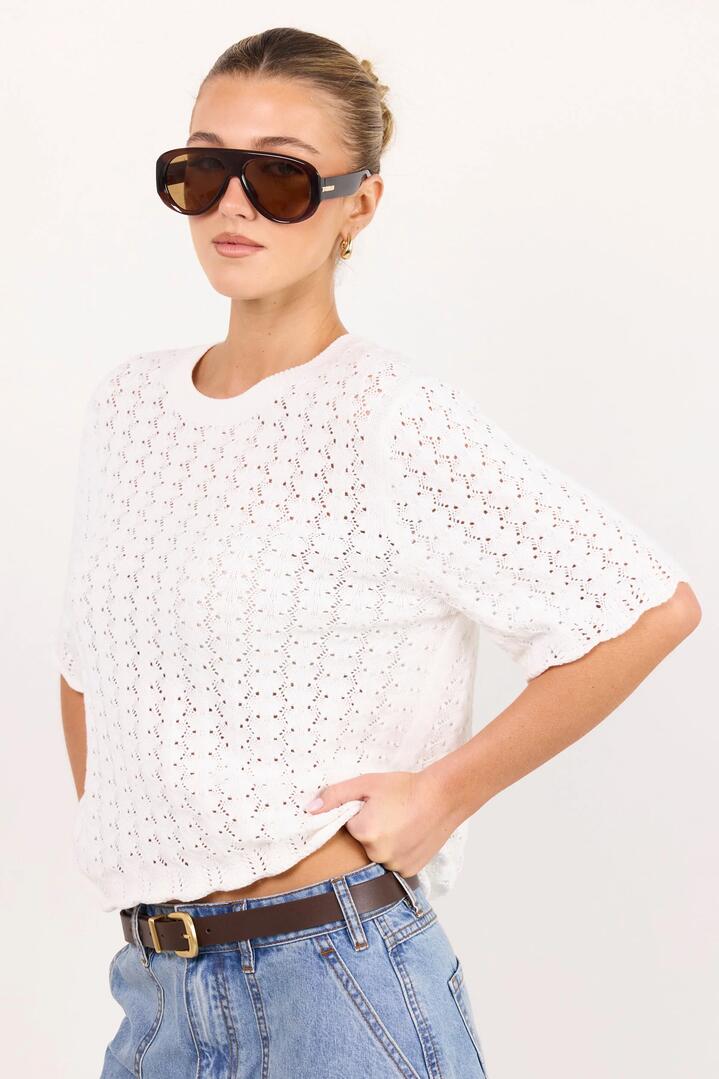 Image of a model wearing Outerwear. Product name - Dainty Ivory Lace Knit Tee in Ivory colour by brand - Ivy + Jack