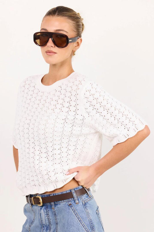 Image of a model wearing Outerwear. Product name - Dainty Ivory Lace Knit Tee in Ivory colour by brand - Ivy + Jack