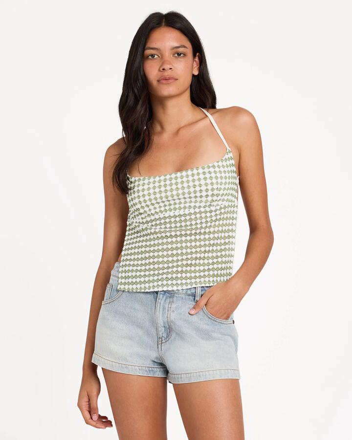 Image of Neckties. Product name - Rvca Womens Diamond Crochet Tie Back Square Neck Top Elm Green in Elm Green colour by brand - Rvca