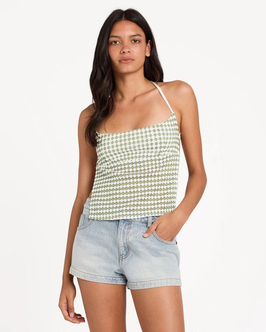 Image of Neckties. Product name - Rvca Womens Diamond Crochet Tie Back Square Neck Top Elm Green in Elm Green colour by brand - Rvca