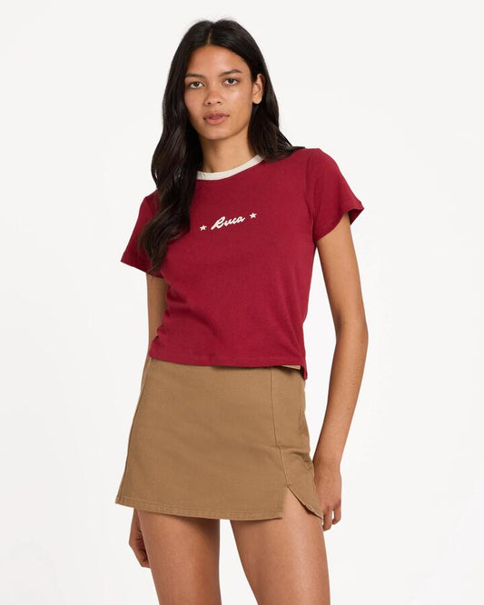 Image of T-Shirts. Product name - Rvca Womens Lone Ranger 411 T-Shirt Brick Red in Brick Red colour by brand - Rvca