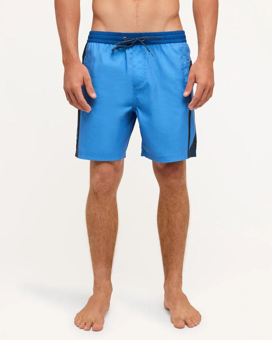 Image of a model wearing Shorts. Product name - Quiksilver Mens Everyday Holmes 17" Volley Shorts Palace Blue Holmes in Palace Blue Holmes colour by brand - Quiksilver
