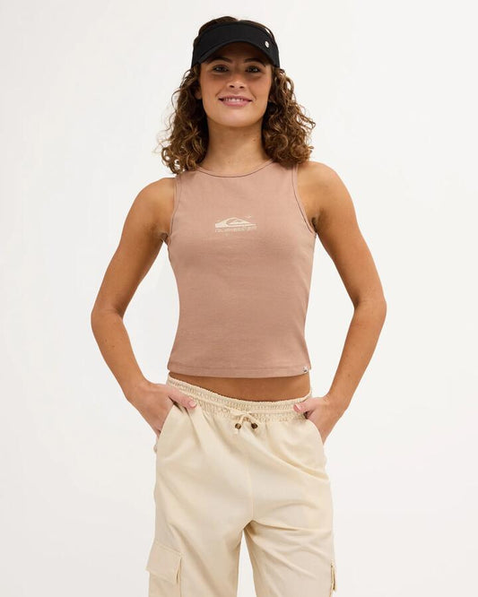 Image of a model wearing Tops. Product name - Quiksilver Womens Omni Star Rib Tank Almond in Almond colour by brand - Quiksilver