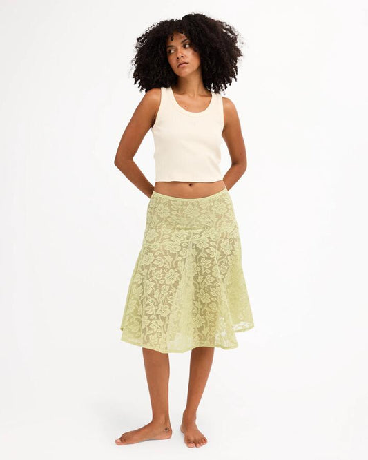 Image of a model wearing Skirts. Product name - Billabong Womens Paisley Lace Midi Skirt Smoke Green in Smoke Green colour by brand - Billabong