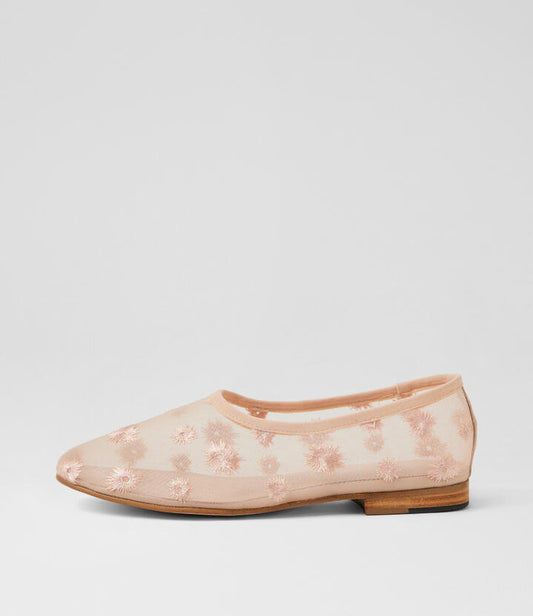 Image of Flats. Product name - Ukel Nude Flower Mesh Flat Shoes in Nude Flower colour by brand - MIDAS
