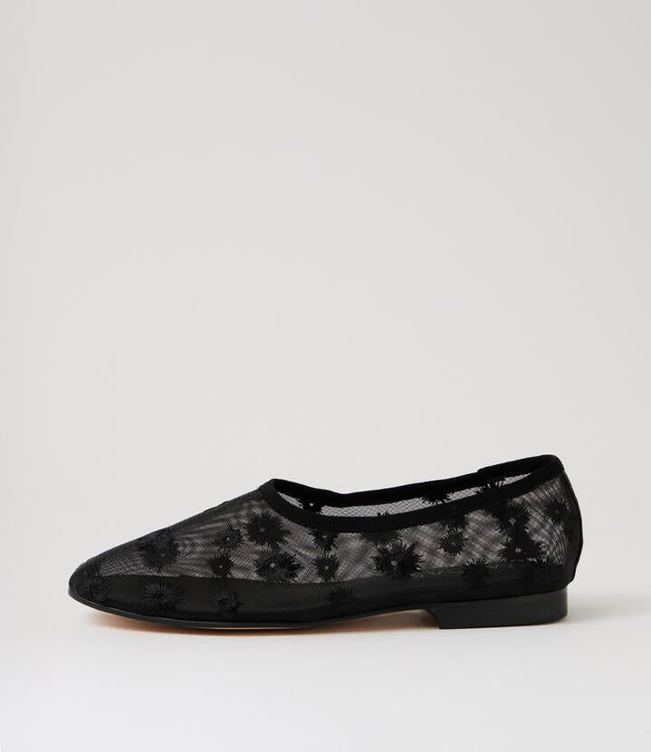 Image of Flats. Product name - Ukel Black Flower Mesh Flat Shoes in Black Flower colour by brand - MIDAS