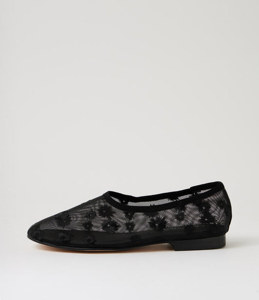 Image of Flats. Product name - Ukel Black Flower Mesh Flat Shoes in Black Flower colour by brand - MIDAS