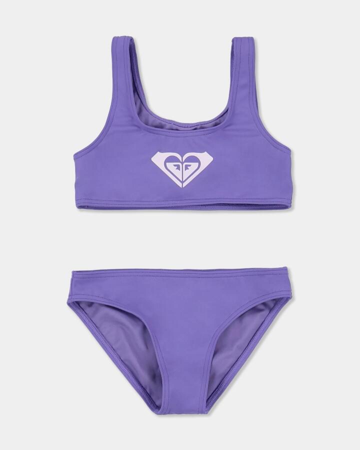Image of a model wearing Tops. Product name - Roxy Girls 2-7 Tiny Tides Bralette Two Piece Dahlia Purple in Dahlia Purple colour by brand - Roxy