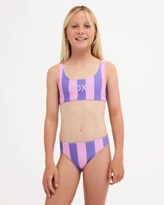 Image of a model wearing Tops. Product name - Roxy Girls 8-16 Forever Roxy Ii Bralette Two Piece Dahlia Purple in Dahlia Purple colour by brand - Roxy