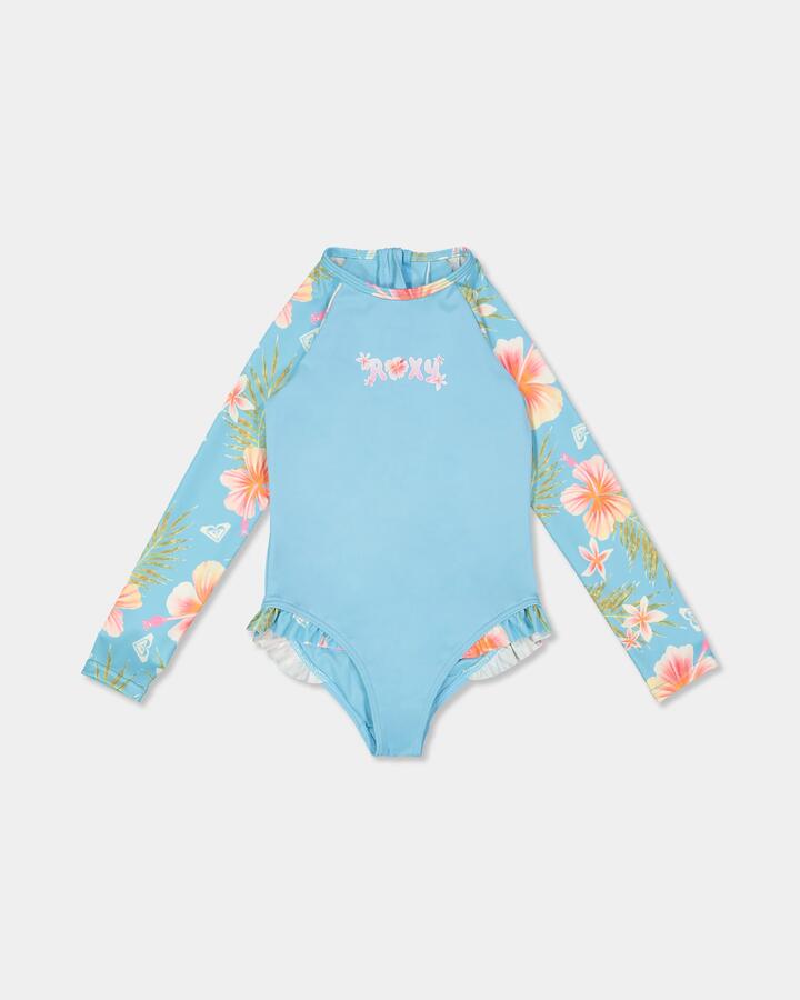 Image of a model wearing Tops. Product name - Roxy Girls 2-7 Hawayiha Long Sleeve One Piece Swimsuit Splish Splash Hawayiha in Splish Splash Hawayiha colour by brand - Roxy