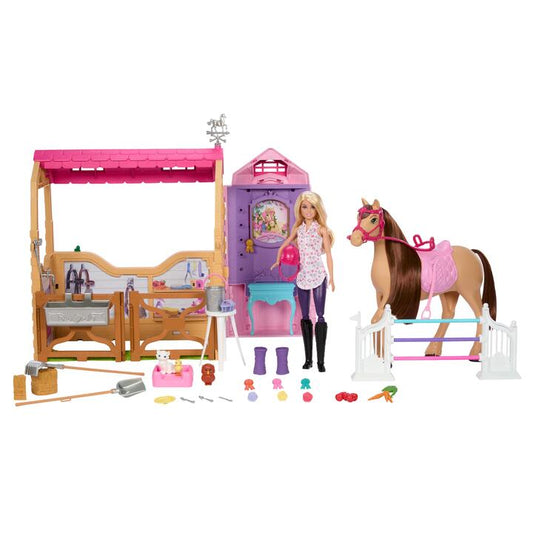 Image of Toy Playsets. Product name - Barbie Mysteries: The Great Horse Chase Stable Playset with Doll, Toy Horse & Accessories, 25+ Pieces in colour by brand - Barbie