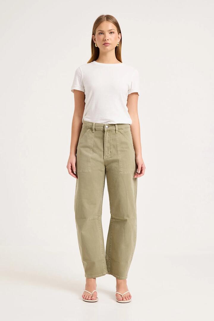 Image of Jeans. Product name - Gigi Summer Olive Drill Barrel Jean in Green colour by brand - Rollas