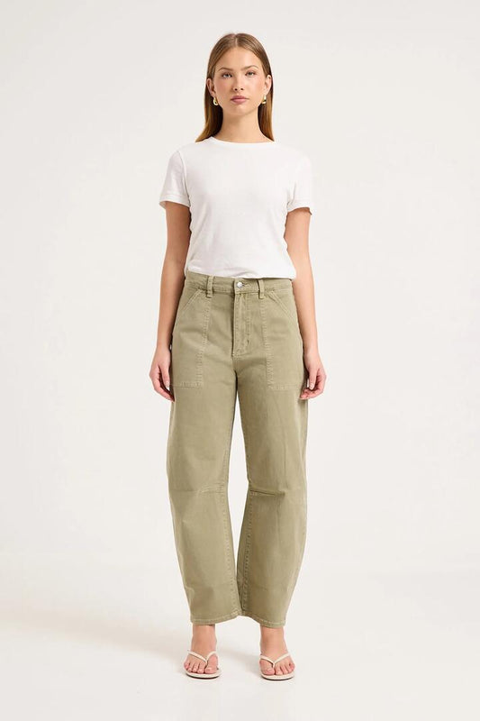 Image of Jeans. Product name - Gigi Summer Olive Drill Barrel Jean in Green colour by brand - Rollas