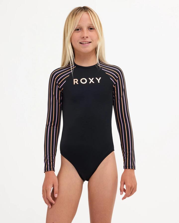 Image of a model wearing Tops. Product name - Roxy Girls 8-16 Active Stripe Long Sleeve One Piece Swimsuit Anthracite in Anthracite colour by brand - Roxy