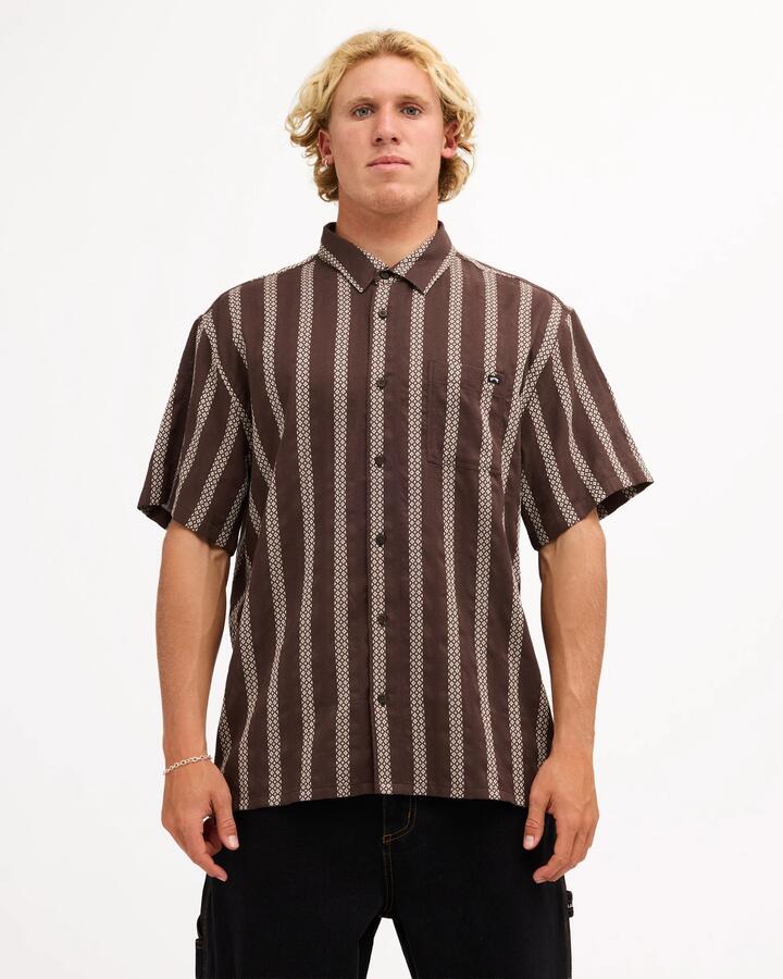 Image of Shirts. Product name - Billabong Mens Sundays Jacquard Short Sleeve Shirt Chocolate in Chocolate colour by brand - Billabong