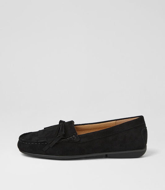 Image of Flats. Product name - Roofus Black Suede Mocassins in Black colour by brand - MIDAS