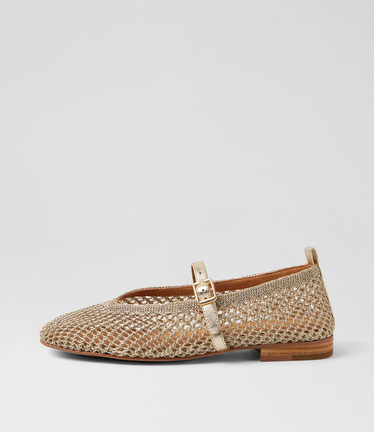 Image of Flats. Product name - Interim Gold Syn Raffia Leather Flat Shoes in Gold colour by brand - MIDAS