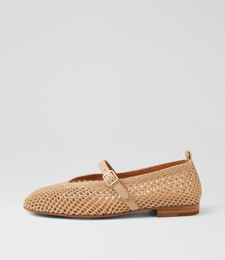 Image of Flats. Product name - Interim Natural Syn Raffia Leather Flat Shoes in Natural colour by brand - MIDAS